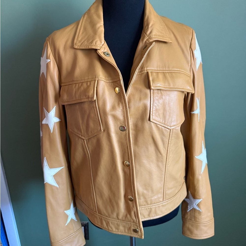 Scotch & Soda Tan Leather Jacket with White Star Details